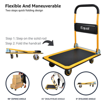 Equal 300kg Capacity Steel Foldable Platform Trolley for Heavy Weight/Material Handling Goods Trolley for Home, Office, Warehouse & Industries - 61cm x 91cm (5" Wheel/Yellow Color) 