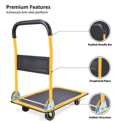Equal 300kg Capacity Steel Foldable Platform Trolley for Heavy Weight/Material Handling Goods Trolley for Home, Office, Warehouse & Industries - 61cm x 91cm (5" Wheel/Yellow Color) 