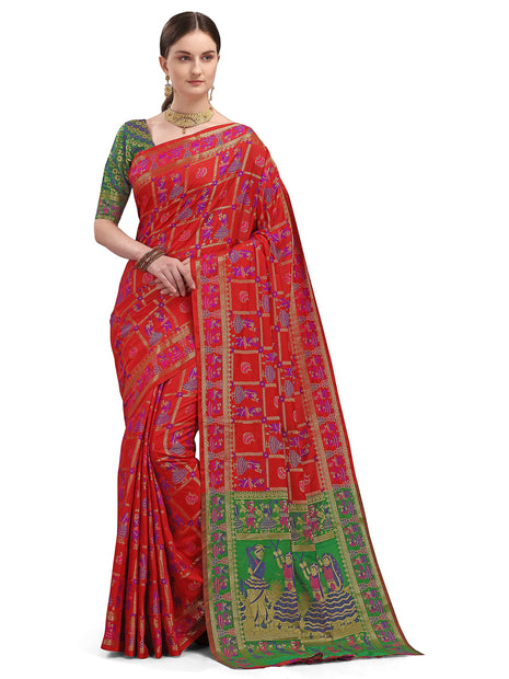 EthnicJunction Women's Double Ikat Patola Silk Woven Saree Woth Blouse Piece (Red and Green) 