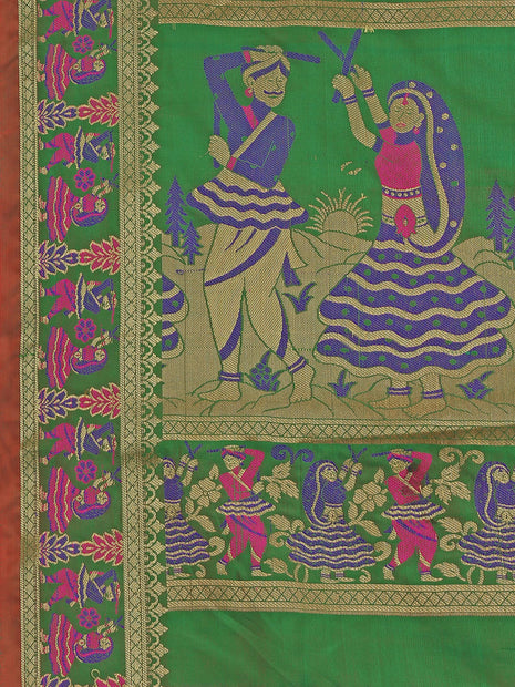 EthnicJunction Women's Double Ikat Patola Silk Woven Saree Woth Blouse Piece (Red and Green) 