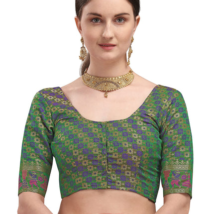 EthnicJunction Women's Double Ikat Patola Silk Woven Saree Woth Blouse Piece (Red and Green) 
