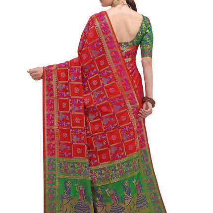 EthnicJunction Women's Double Ikat Patola Silk Woven Saree Woth Blouse Piece (Red and Green) 