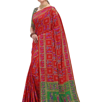 EthnicJunction Women's Double Ikat Patola Silk Woven Saree Woth Blouse Piece (Red and Green) 