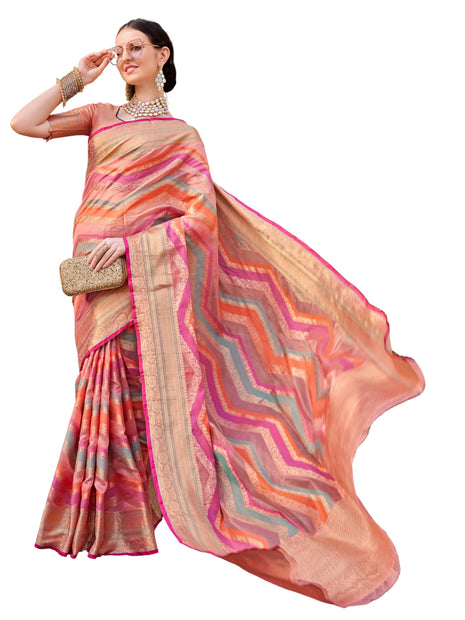 EthnicJunction Women's Pink Silk Blend Woven Banarasi Saree With Blouse Piece 