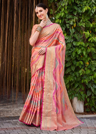 EthnicJunction Women's Pink Silk Blend Woven Banarasi Saree With Blouse Piece 