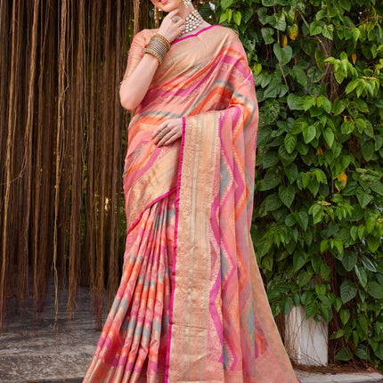 EthnicJunction Women's Pink Silk Blend Woven Banarasi Saree With Blouse Piece 