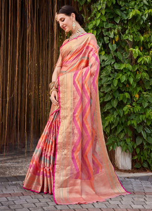 EthnicJunction Women's Pink Silk Blend Woven Banarasi Saree With Blouse Piece 