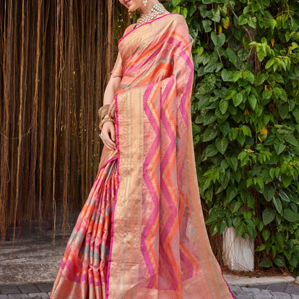 EthnicJunction Women's Pink Silk Blend Woven Banarasi Saree With Blouse Piece 