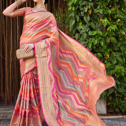 EthnicJunction Women's Pink Silk Blend Woven Banarasi Saree With Blouse Piece 