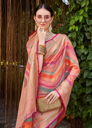 EthnicJunction Women's Pink Silk Blend Woven Banarasi Saree With Blouse Piece 