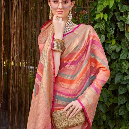 EthnicJunction Women's Pink Silk Blend Woven Banarasi Saree With Blouse Piece 