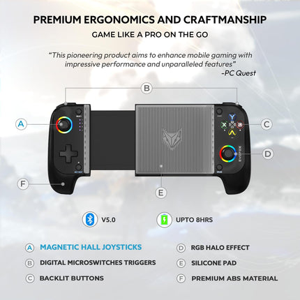 EvoFox Deck Smartphone Gamepad with iPhone/Android, XBOX, HID & Keymap mode for Android | Bluetooth v5.0 | Dual Vibration motors | Magnetic Hall 3D Joysticks | RGB Lighting and Backlit Controls 