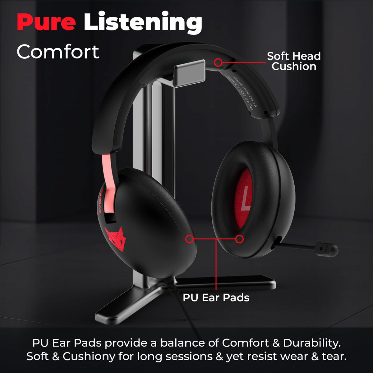 Evofox Hyperion Gaming Headphones with Mic - Black, 50mm Drivers, Immersive Surround Sound, Retractable Mic, Wired (3.5mm + Type-C), Inline Controls, Durable Build with Over Ear Swappable Ear Pads 