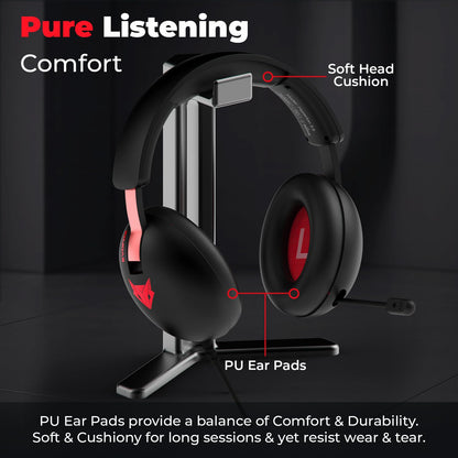 Evofox Hyperion Gaming Headphones with Mic - Black, 50mm Drivers, Immersive Surround Sound, Retractable Mic, Wired (3.5mm + Type-C), Inline Controls, Durable Build with Over Ear Swappable Ear Pads 