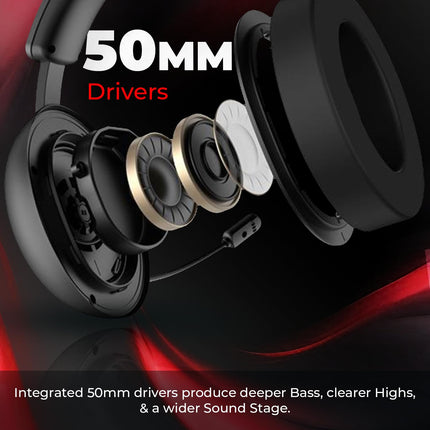 Evofox Hyperion Gaming Headphones with Mic - Black, 50mm Drivers, Immersive Surround Sound, Retractable Mic, Wired (3.5mm + Type-C), Inline Controls, Durable Build with Over Ear Swappable Ear Pads 