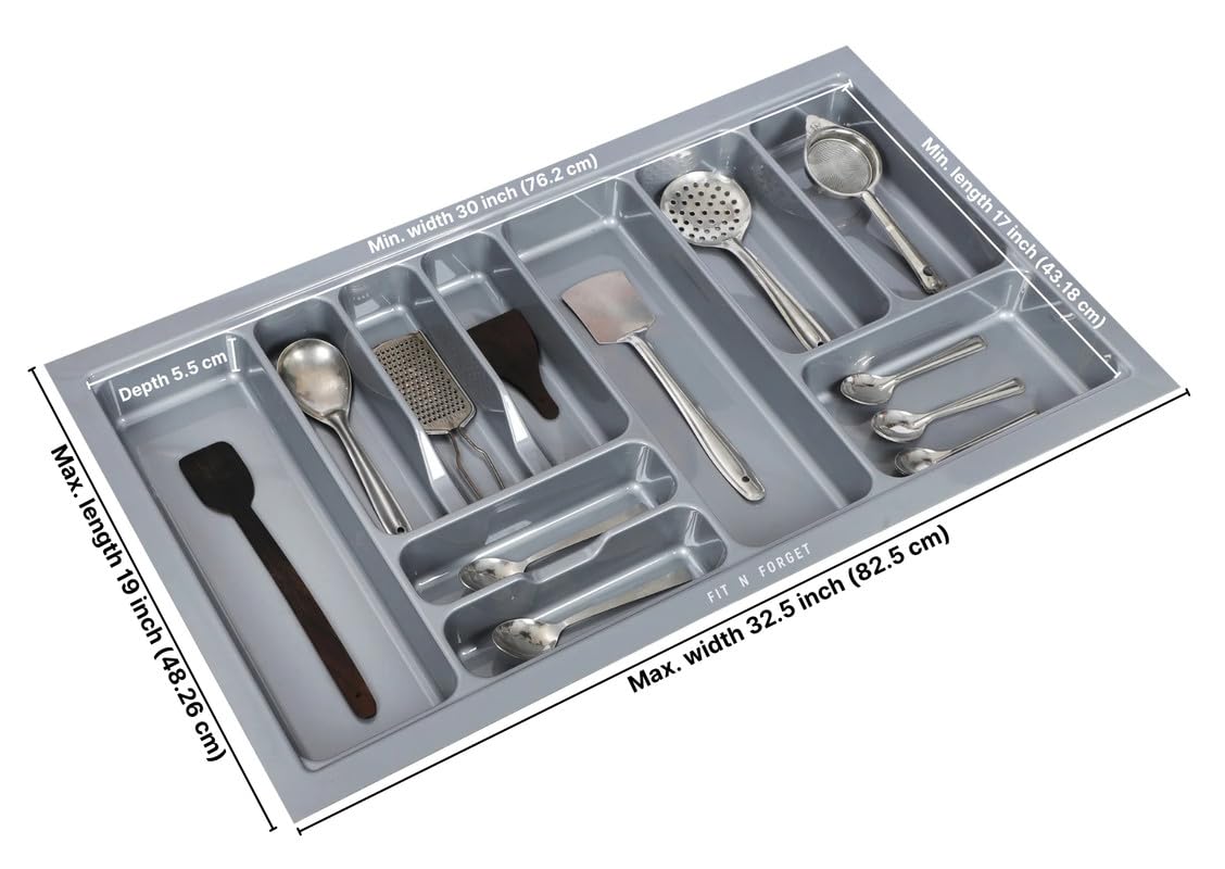 FIT N FORGET Heavy PVC Cutlery Tray, Modular Kitchen Basket Storage Organizer, Stylish Cosmetics Tray (32.5x19 Inch) - Polyvinyl Chloride, Grey 