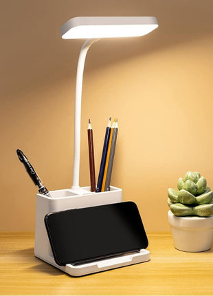 FLYNGO Plastic 3 Color Mode Led Study Table Desk Lamp For Students With Pen & Phone Holder, Rechargeable Touch On/Off Studying (204White) 