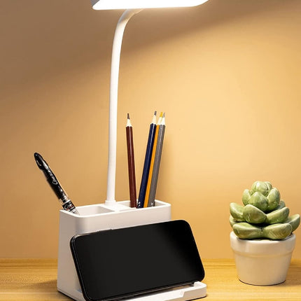 FLYNGO Plastic 3 Color Mode Led Study Table Desk Lamp For Students With Pen & Phone Holder, Rechargeable Touch On/Off Studying (204White) 