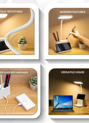 FLYNGO Plastic 3 Color Mode Led Study Table Desk Lamp For Students With Pen & Phone Holder, Rechargeable Touch On/Off Studying (204White) 