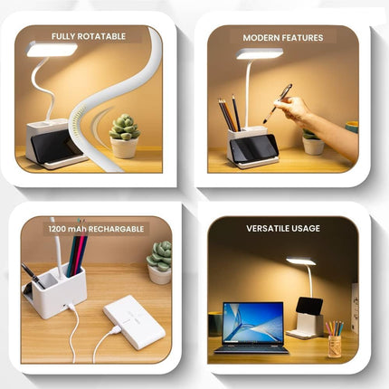 FLYNGO Plastic 3 Color Mode Led Study Table Desk Lamp For Students With Pen & Phone Holder, Rechargeable Touch On/Off Studying (204White) 