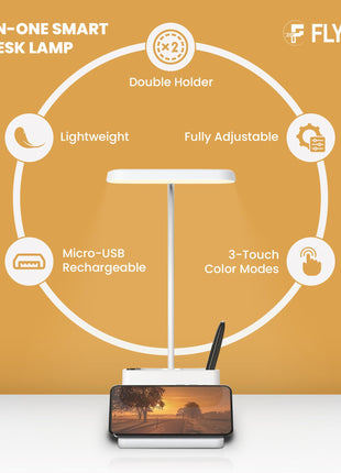 FLYNGO Plastic 3 Color Mode Led Study Table Desk Lamp For Students With Pen & Phone Holder, Rechargeable Touch On/Off Studying (204White) 