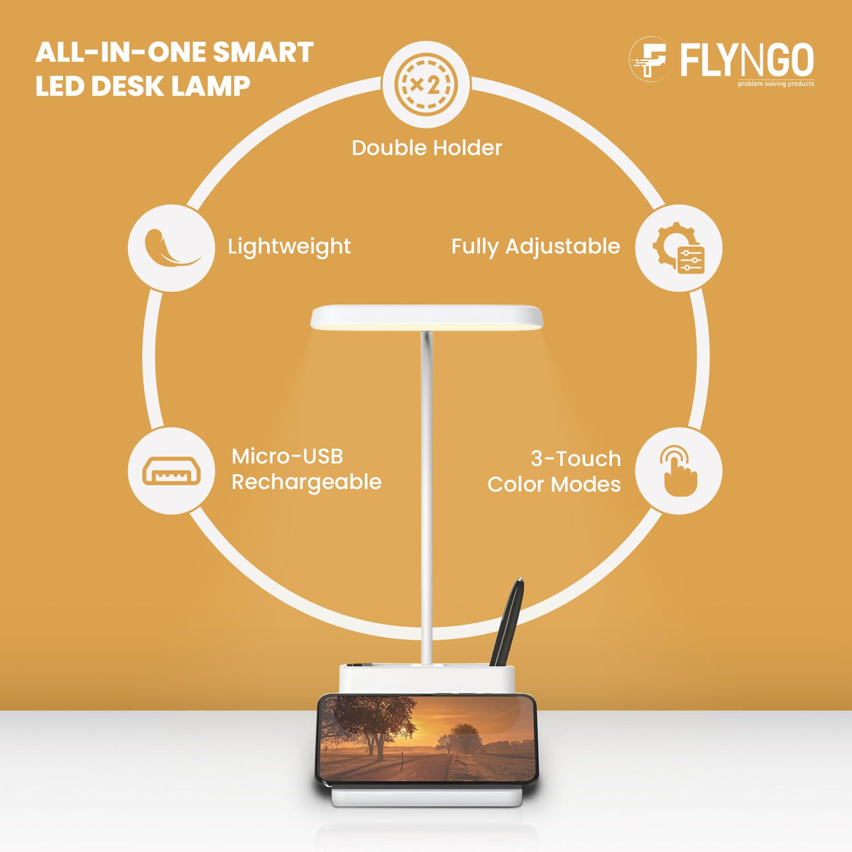 FLYNGO Plastic 3 Color Mode Led Study Table Desk Lamp For Students With Pen & Phone Holder, Rechargeable Touch On/Off Studying (204White) 