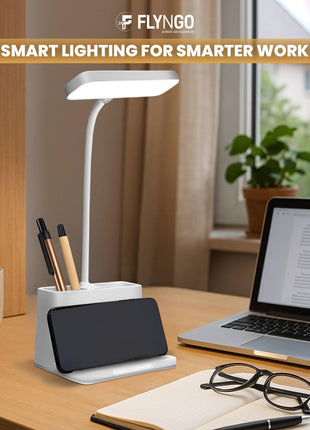 FLYNGO Plastic 3 Color Mode Led Study Table Desk Lamp For Students With Pen & Phone Holder, Rechargeable Touch On/Off Studying (204White) 