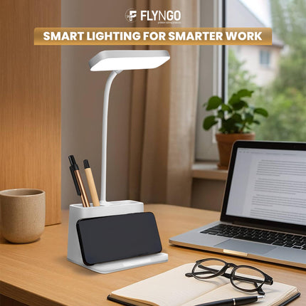 FLYNGO Plastic 3 Color Mode Led Study Table Desk Lamp For Students With Pen & Phone Holder, Rechargeable Touch On/Off Studying (204White) 