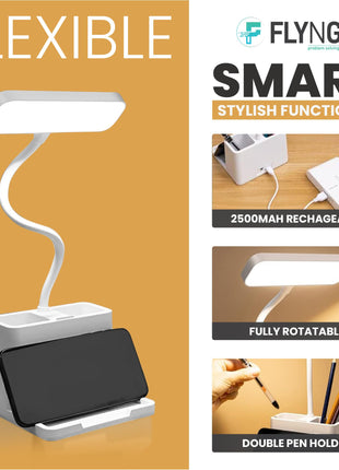 FLYNGO Plastic 3 Color Mode Led Study Table Desk Lamp For Students With Pen & Phone Holder, Rechargeable Touch On/Off Studying (204White) 
