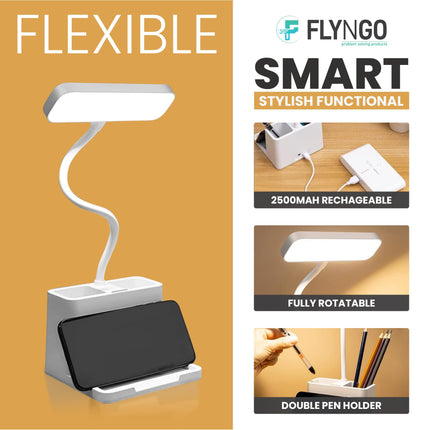 FLYNGO Plastic 3 Color Mode Led Study Table Desk Lamp For Students With Pen & Phone Holder, Rechargeable Touch On/Off Studying (204White) 