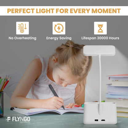 FLYNGO Plastic 3 Color Mode Led Study Table Desk Lamp For Students With Pen & Phone Holder, Rechargeable Touch On/Off Studying (204White) 