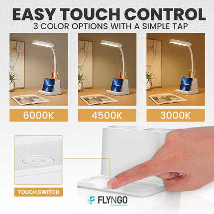 FLYNGO Plastic 3 Color Mode Led Study Table Desk Lamp For Students With Pen & Phone Holder, Rechargeable Touch On/Off Studying (204White) 