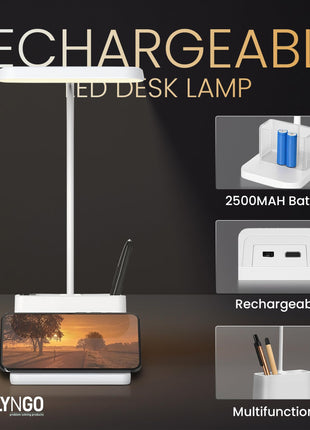 FLYNGO Plastic 3 Color Mode Led Study Table Desk Lamp For Students With Pen & Phone Holder, Rechargeable Touch On/Off Studying (204White) 