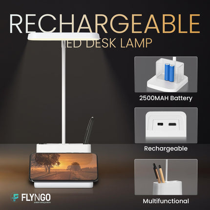 FLYNGO Plastic 3 Color Mode Led Study Table Desk Lamp For Students With Pen & Phone Holder, Rechargeable Touch On/Off Studying (204White) 