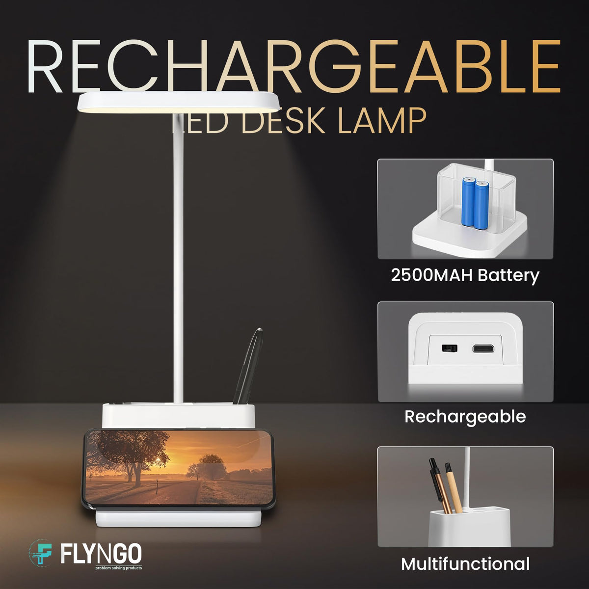 ALLUCK Foldable LED Desk Lamp – 3 Dimming Modes, Built-in Phone Holder & Pen Container, Space-Saving Design