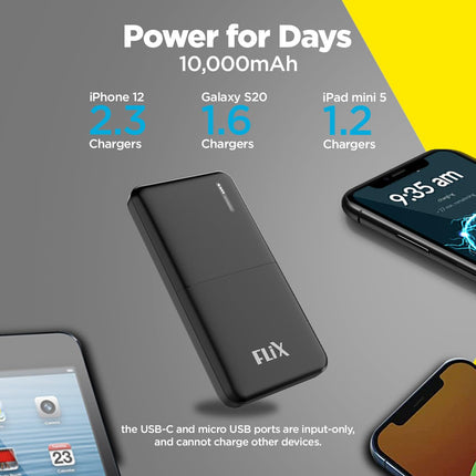 FLiX(Beetel) New Launch PowerXtreme 10,000mAh Slim Power Bank, USB C/Micro USB Input, Dual USB A Output, Compatible with iPhone 14 13 12 11 Samsung S22 S23 S21 Google Pixel 7 Oneplus (Black-P10) 