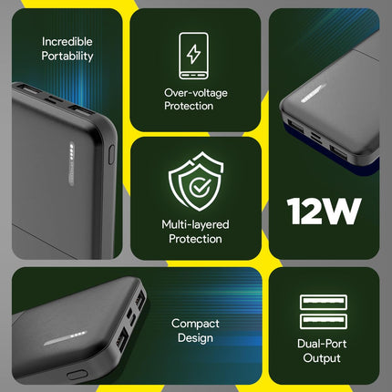 FLiX(Beetel) New Launch PowerXtreme 10,000mAh Slim Power Bank, USB C/Micro USB Input, Dual USB A Output, Compatible with iPhone 14 13 12 11 Samsung S22 S23 S21 Google Pixel 7 Oneplus (Black-P10) 