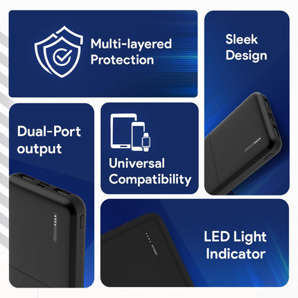 FLiX(Beetel) New Launch PowerXtreme 10,000mAh Slim Power Bank, USB C/Micro USB Input, Dual USB A Output, Compatible with iPhone 14 13 12 11 Samsung S22 S23 S21 Google Pixel 7 Oneplus (Black-P10) 