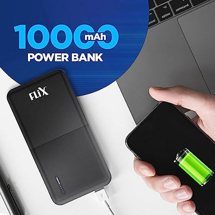FLiX(Beetel) New Launch PowerXtreme 10,000mAh Slim Power Bank, USB C/Micro USB Input, Dual USB A Output, Compatible with iPhone 14 13 12 11 Samsung S22 S23 S21 Google Pixel 7 Oneplus (Black-P10) 