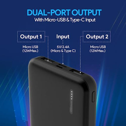 FLiX(Beetel) New Launch PowerXtreme 10,000mAh Slim Power Bank, USB C/Micro USB Input, Dual USB A Output, Compatible with iPhone 14 13 12 11 Samsung S22 S23 S21 Google Pixel 7 Oneplus (Black-P10) 