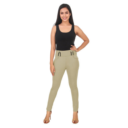 ComfortFit Women's Mid-Waist Jeggings with 2 Front Pockets -Ivory