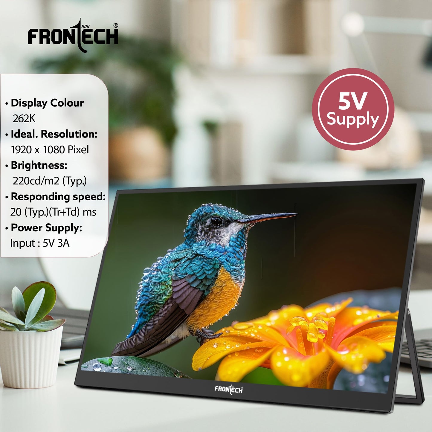 FRONTECH 15.6" Portable LED Monitor, Full HD IPS, Dual Type-C & Mini HDMI, Built-in Speakers, 180° Stand, Works with Laptop/PS5/Switch/Phone, 1-Year Warranty (MON-0023) 