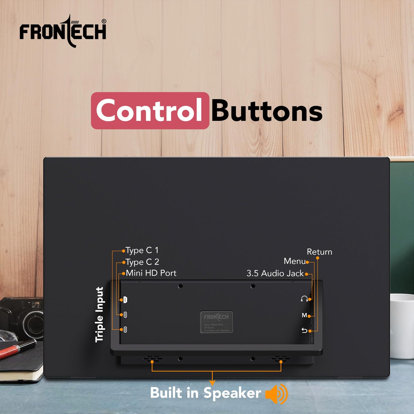 FRONTECH 15.6" Portable LED Monitor, Full HD IPS, Dual Type-C & Mini HDMI, Built-in Speakers, 180° Stand, Works with Laptop/PS5/Switch/Phone, 1-Year Warranty (MON-0023) 