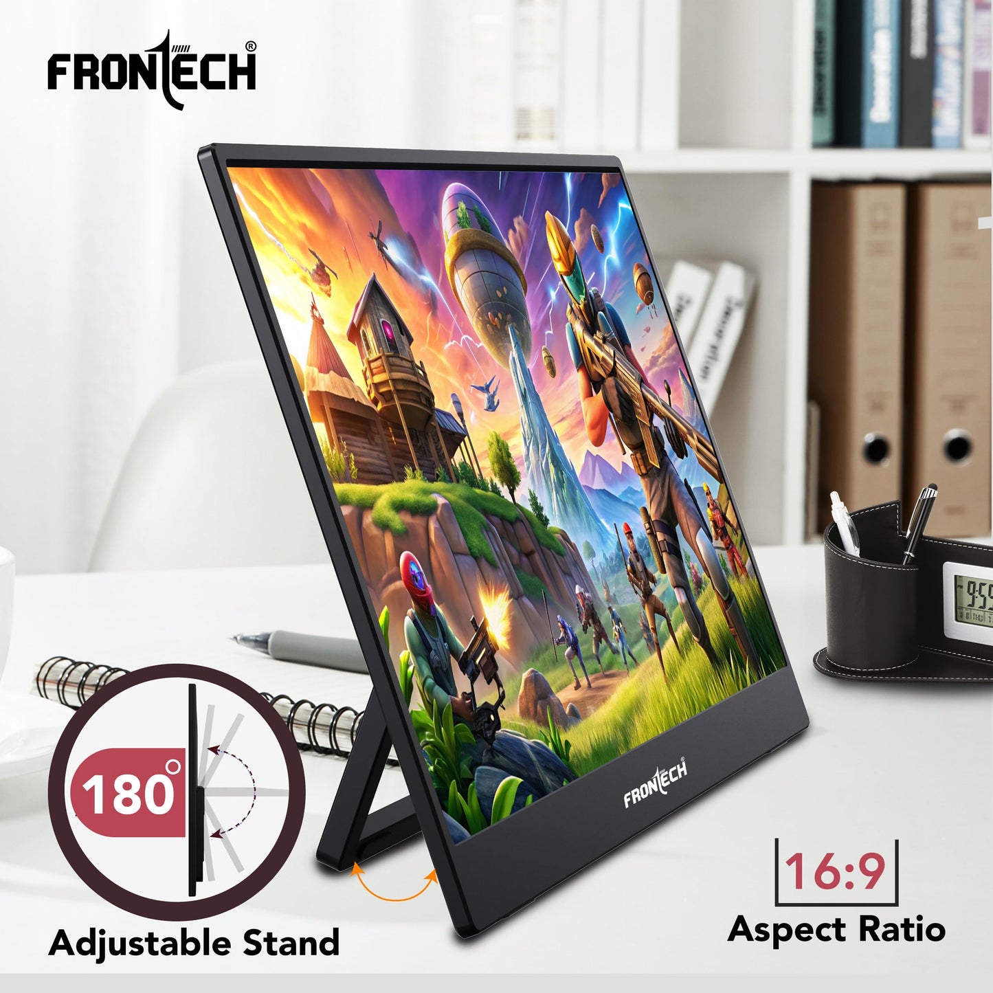 FRONTECH 15.6" Portable LED Monitor, Full HD IPS, Dual Type-C & Mini HDMI, Built-in Speakers, 180° Stand, Works with Laptop/PS5/Switch/Phone, 1-Year Warranty (MON-0023) 