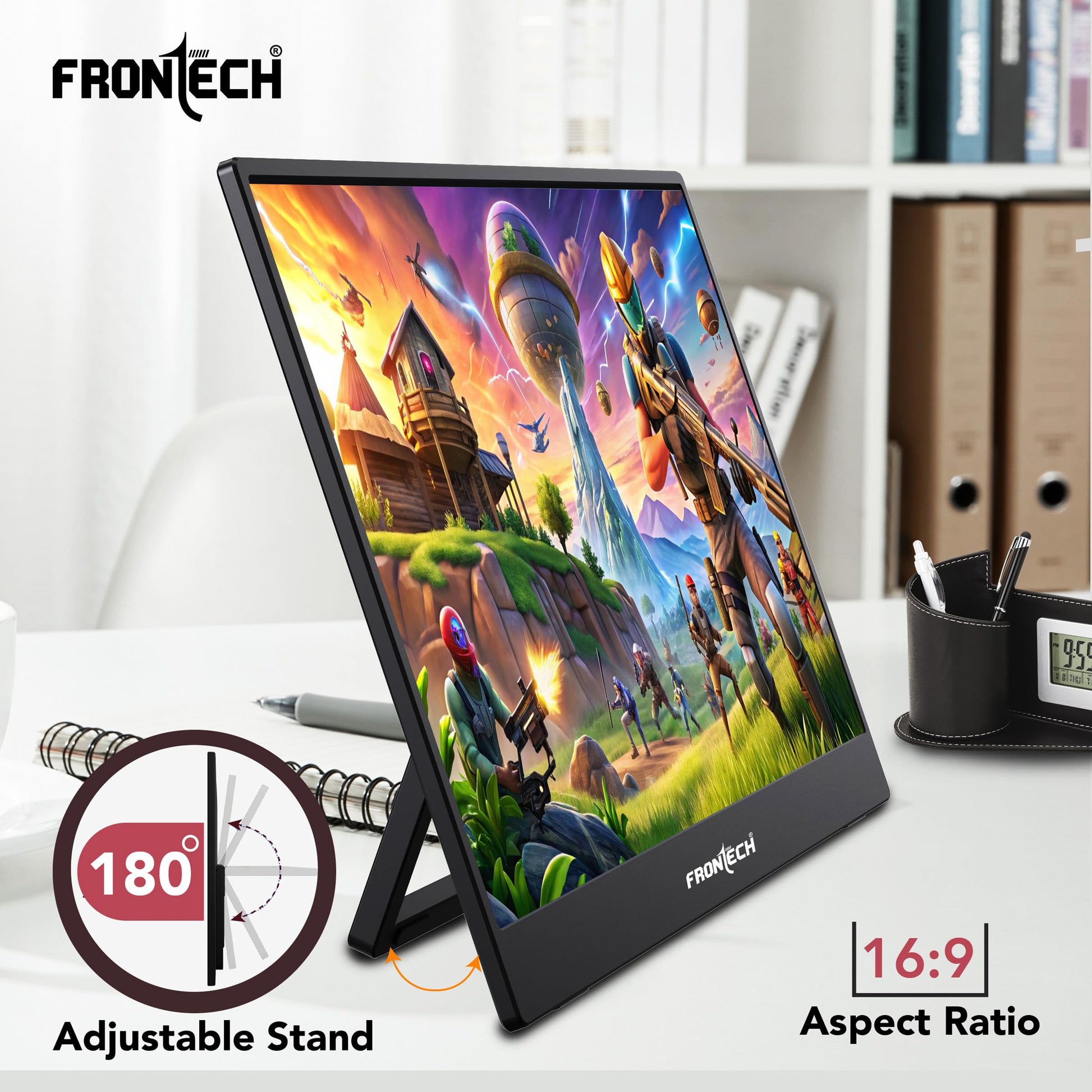 FRONTECH 15.6" Portable LED Monitor, Full HD IPS, Dual Type-C & Mini HDMI, Built-in Speakers, 180° Stand, Works with Laptop/PS5/Switch/Phone, 1-Year Warranty (MON-0023) 