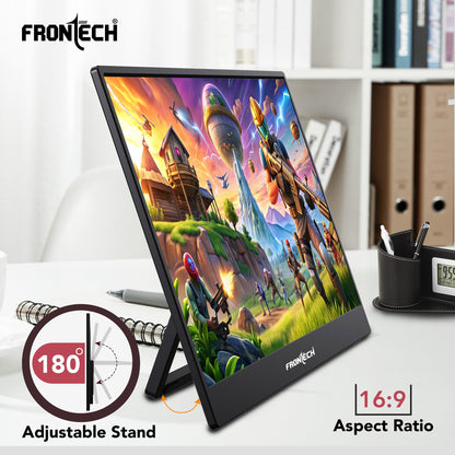 FRONTECH 15.6" Portable LED Monitor, Full HD IPS, Dual Type-C & Mini HDMI, Built-in Speakers, 180° Stand, Works with Laptop/PS5/Switch/Phone, 1-Year Warranty (MON-0023) 