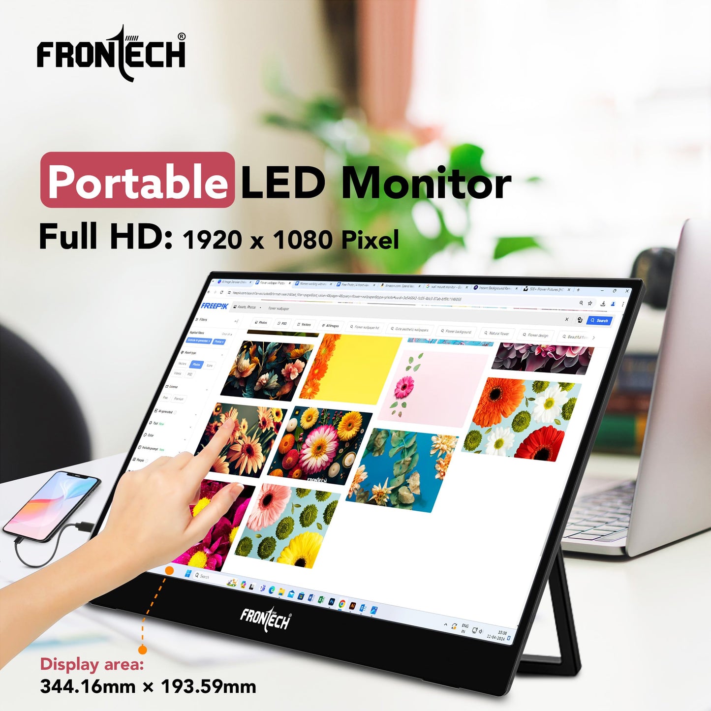 FRONTECH 15.6" Portable LED Monitor, Full HD IPS, Dual Type-C & Mini HDMI, Built-in Speakers, 180° Stand, Works with Laptop/PS5/Switch/Phone, 1-Year Warranty (MON-0023) 