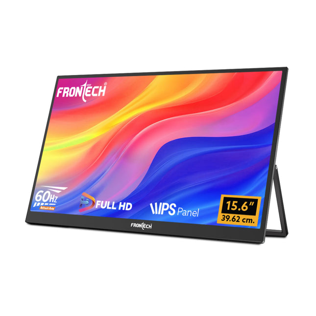 FRONTECH 15.6" Portable LED Monitor, Full HD IPS, Dual Type-C & Mini HDMI, Built-in Speakers, 180° Stand, Works with Laptop/PS5/Switch/Phone, 1-Year Warranty (MON-0023) 