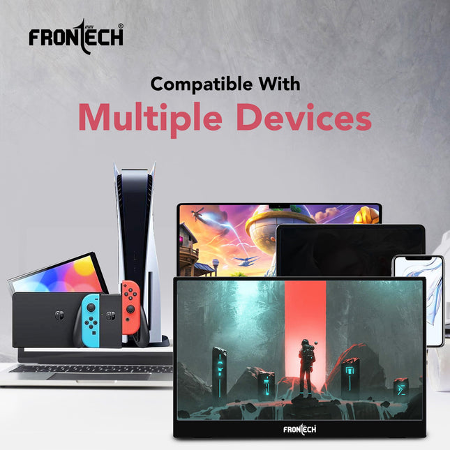 FRONTECH 15.6" Portable LED Monitor, Full HD IPS, Dual Type-C & Mini HDMI, Built-in Speakers, 180° Stand, Works with Laptop/PS5/Switch/Phone, 1-Year Warranty (MON-0023) 