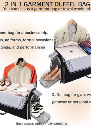 FUOCO Carry On Travel Bag, Large PU Leather Garment Duffle Bag for Women Men, Waterproof Convertible Garment Bags for Travel, 2 in 1 Hanging Suitcase Dress Suit Traveling Bag with 1 Year Warranty 